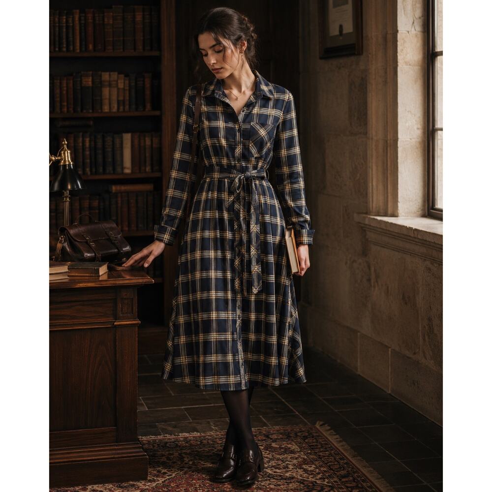 French Connection Dark Academia Plaid Midi Shirt Dress Button Front Belted Fall